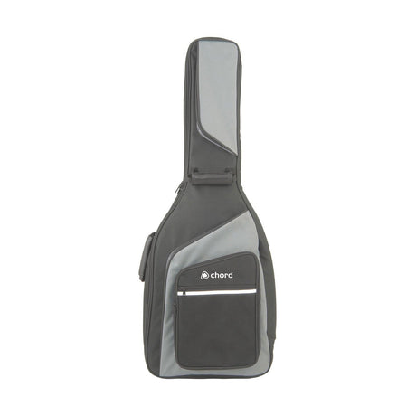 The Chord Guitar Gig Bag 3/4 Or Travel Guitar is a black and gray carry bag designed with a handle, made from water-resistant nylon and featuring a padded interior. It includes a front zippered pocket with the brand Chord printed on it and is designed to snugly fit an acoustic or electric guitar.