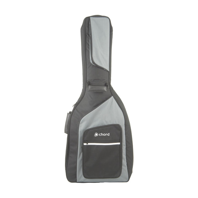 Chord GB-W1 padded western acoustic guitar gig bag in black and grey nylon with front zip pocket, carry handle and shoulder strap, on a white background.