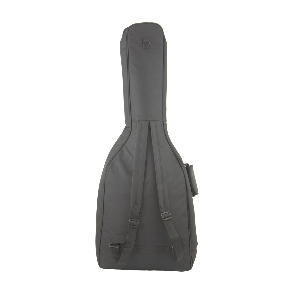 Rear view of the Chord GB-W1 padded western guitar gig bag in black nylon, showing backpack shoulder straps and side handle on a white background.