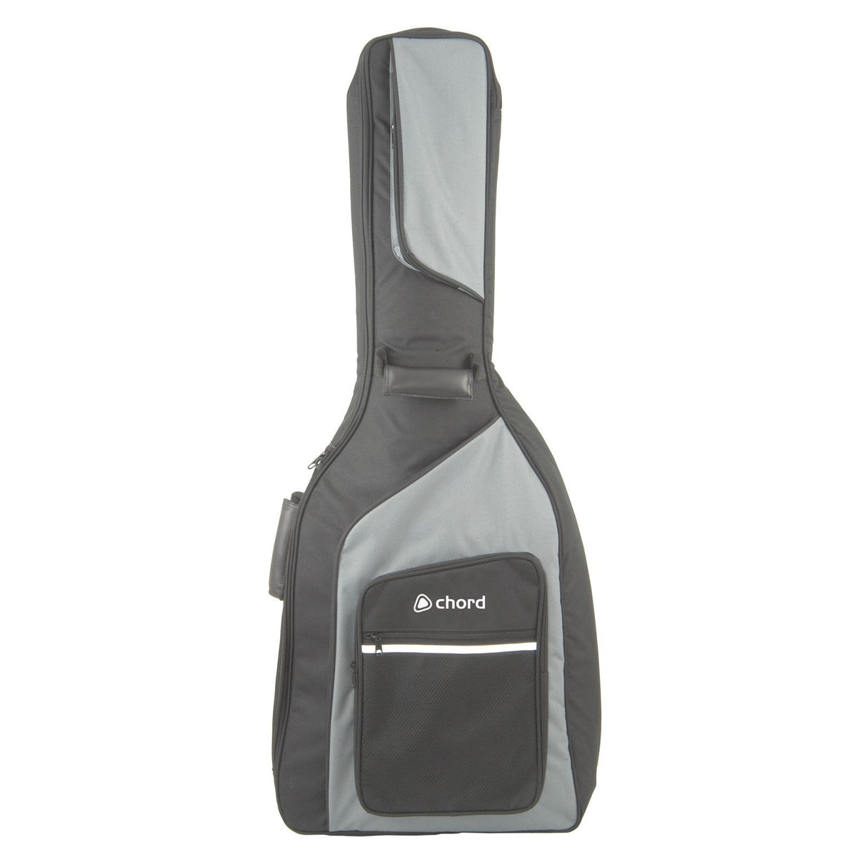 The Chord Guitar Gig Bag Western is a black and gray guitar carry bag featuring the brand name Chord on the front pocket. It comes equipped with a zipper closure, a handle for carrying, and backpack straps for easy transport. Additionally, it has a padded interior for enhanced protection.