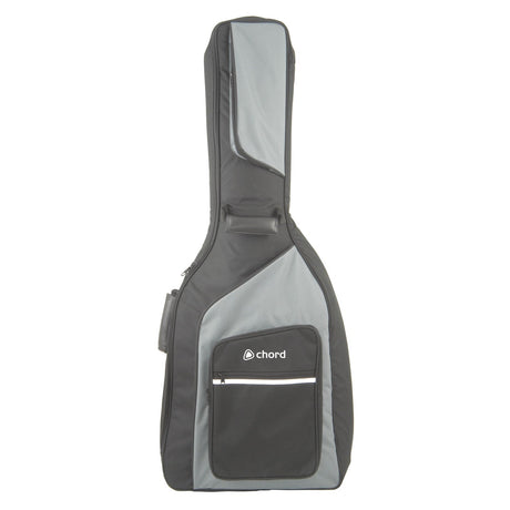 The Chord Guitar Gig Bag Western is a black and gray guitar carry bag featuring the brand name Chord on the front pocket. It comes equipped with a zipper closure, a handle for carrying, and backpack straps for easy transport. Additionally, it has a padded interior for enhanced protection.