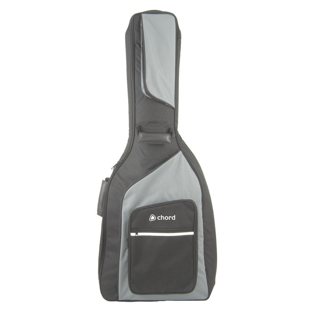 The Chord Guitar Gig Bag Western is a black and gray guitar carry bag featuring the brand name Chord on the front pocket. It comes equipped with a zipper closure, a handle for carrying, and backpack straps for easy transport. Additionally, it has a padded interior for enhanced protection.