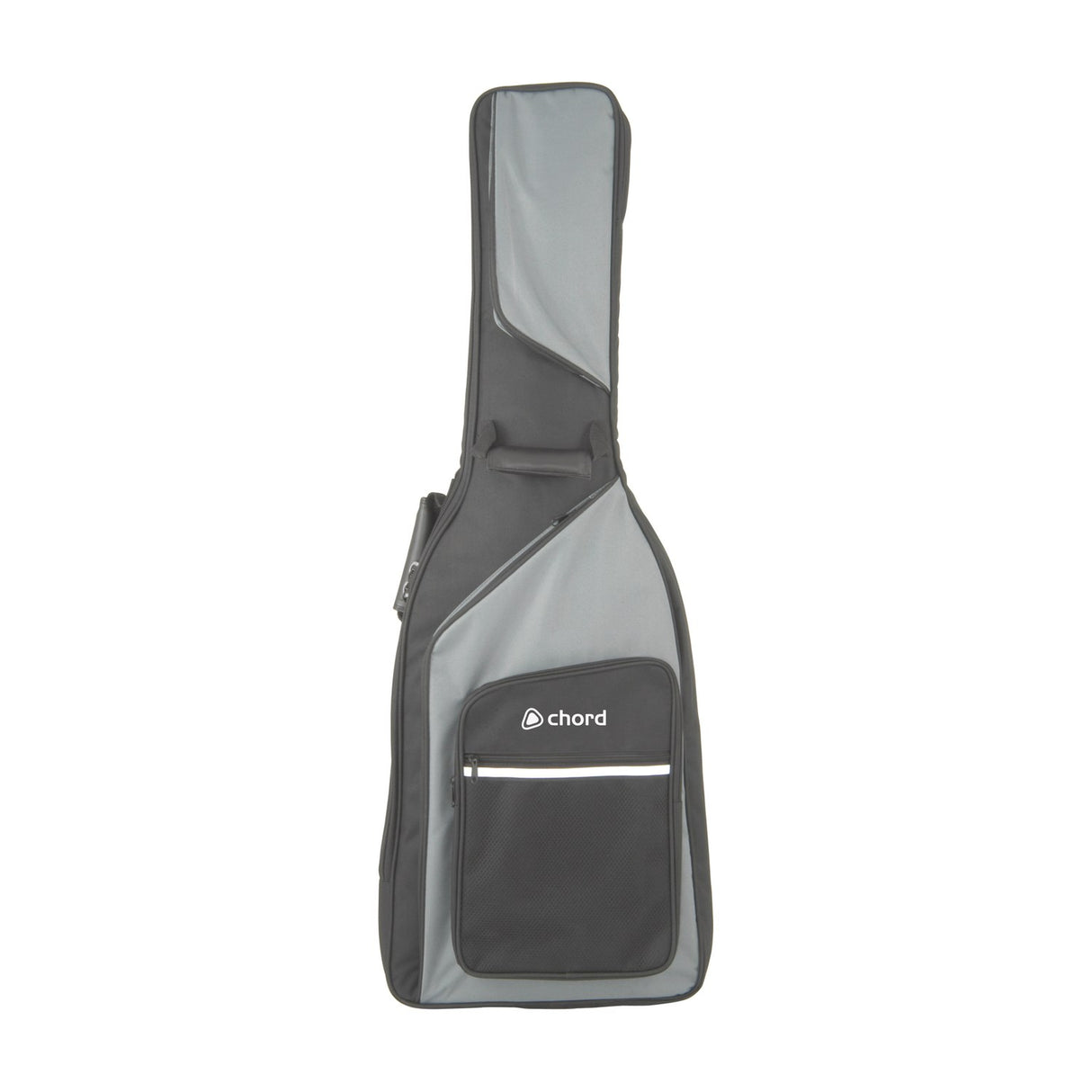 Chord GB-E1 electric guitar gig bag in black and grey nylon with front zip pocket, carry handle and padded shoulder strap on a white background.
