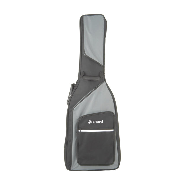 Chord GB-E1 electric guitar gig bag in black and grey nylon with front zip pocket, carry handle and padded shoulder strap on a white background.