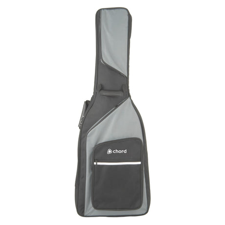 Introducing the Chord Guitar Gig Bag Electric: a sleek black and gray padded guitar case with a handle, ideal for safely transporting your instrument. It features a zippered pocket on the front with "Chord" printed on it. Designed specifically for electric guitars, its plush interior provides superior protection, allowing you to carry your guitar in style.