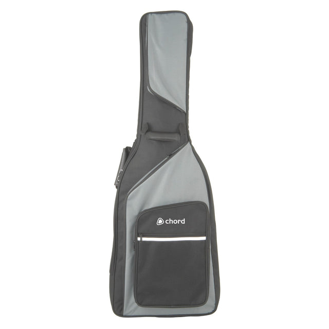 Introducing the Chord Guitar Gig Bag Electric: a sleek black and gray padded guitar case with a handle, ideal for safely transporting your instrument. It features a zippered pocket on the front with "Chord" printed on it. Designed specifically for electric guitars, its plush interior provides superior protection, allowing you to carry your guitar in style.