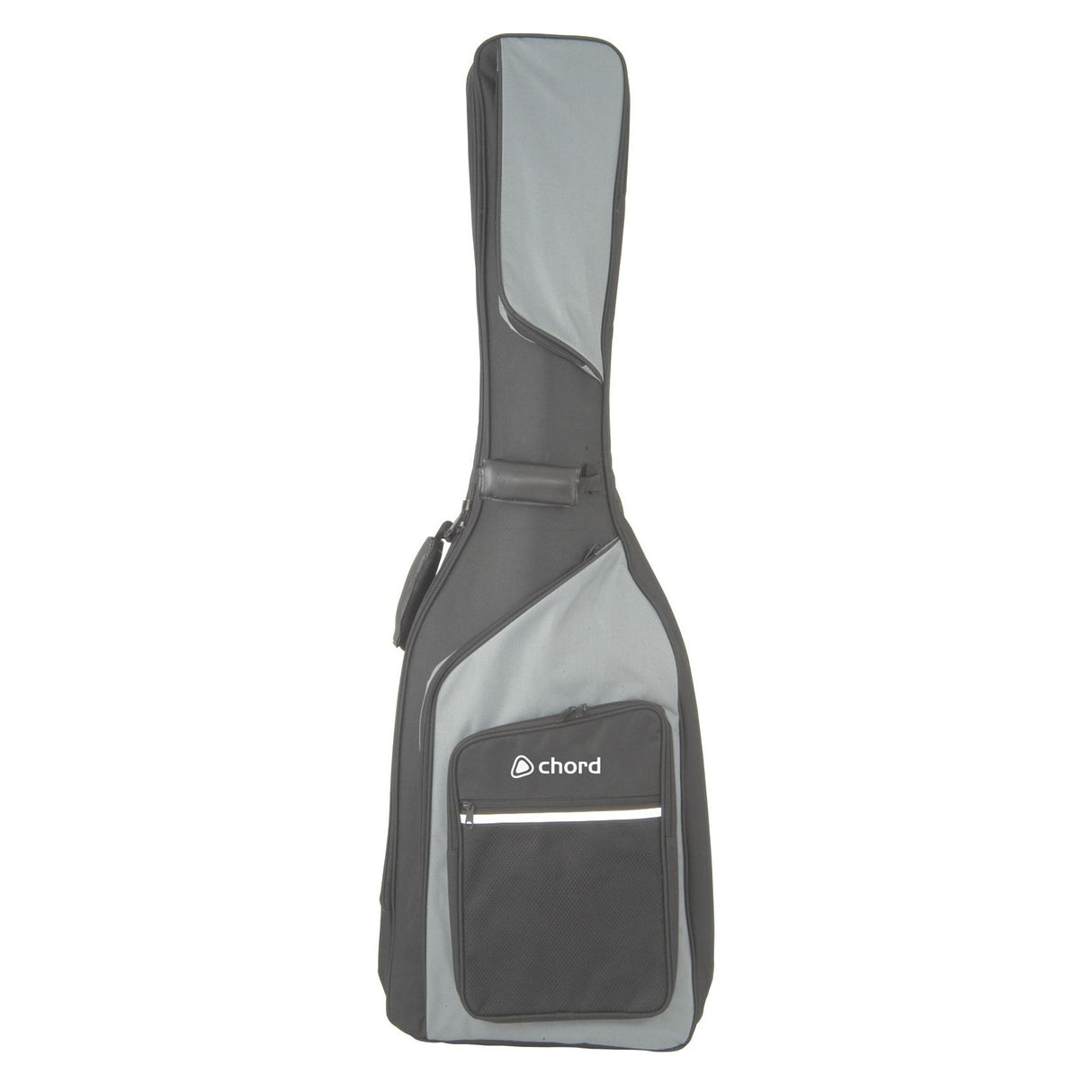 The Chord Guitar Gig Bag Bass is a gray and black padded guitar bag that includes a zippered pocket. It features the "chord" label, has a simple side handle for easy carrying, and is designed to be water-resistant.