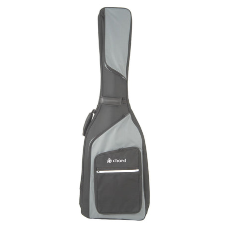 The Chord Guitar Gig Bag Bass is a gray and black padded guitar bag that includes a zippered pocket. It features the "chord" label, has a simple side handle for easy carrying, and is designed to be water-resistant.