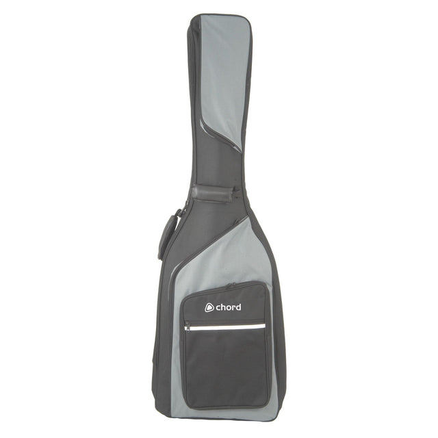 The Chord Guitar Gig Bag Bass is a gray and black padded guitar bag that includes a zippered pocket. It features the "chord" label, has a simple side handle for easy carrying, and is designed to be water-resistant.