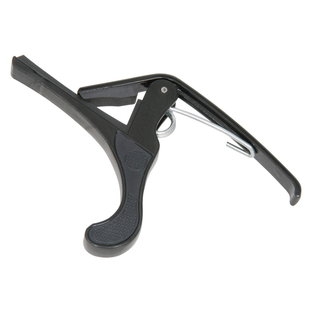Image of a black plastic and metal acoustic guitar capo with a curved design and lever mechanism. The tool is designed for clamping guitar strings, featuring rubberized grip surfaces for ease of use.