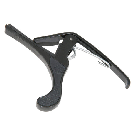 Image of a black plastic and metal acoustic guitar capo with a curved design and lever mechanism. The tool is designed for clamping guitar strings, featuring rubberized grip surfaces for ease of use.