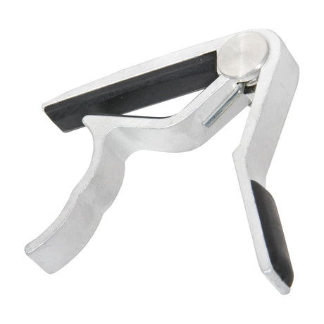 Chord SC2A spring-loaded guitar capo in silver metal with black rubber padding, shown open on a plain white background.