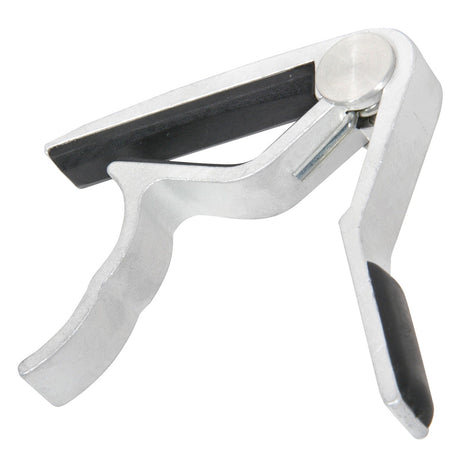 Close-up of the Chord Guitar Spring Capo in silver, featuring a trigger-style clamp. It is designed for both acoustic and electric guitars, with rubber padding inside to protect the neck and adjust string tension.