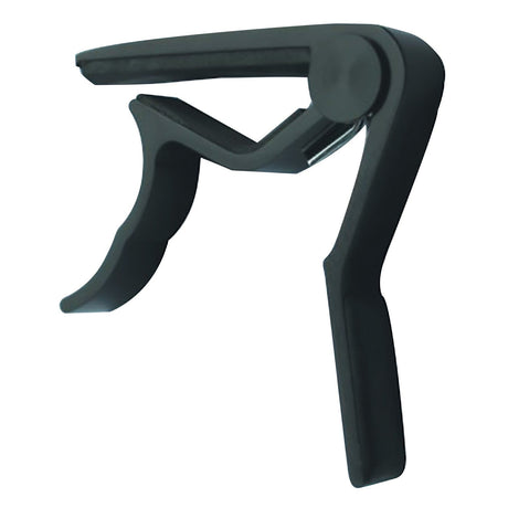 The Chord Spring Guitar Capo - Black is displayed against a white background, showcasing its open curved top and dual handles. Its spring-loaded mechanism and padded clamp are designed for securing strings on acoustic or electric guitars.