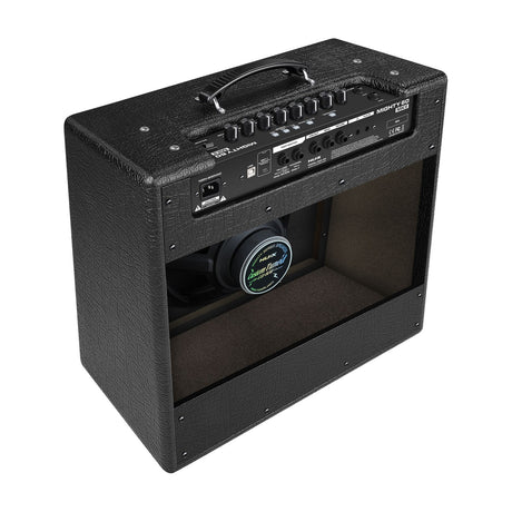 Rear view of the NU-X Mighty 60 mkII modelling guitar amp showing top-mounted controls, IEC inlet, USB port, footswitch and line jacks, and 12" speaker.