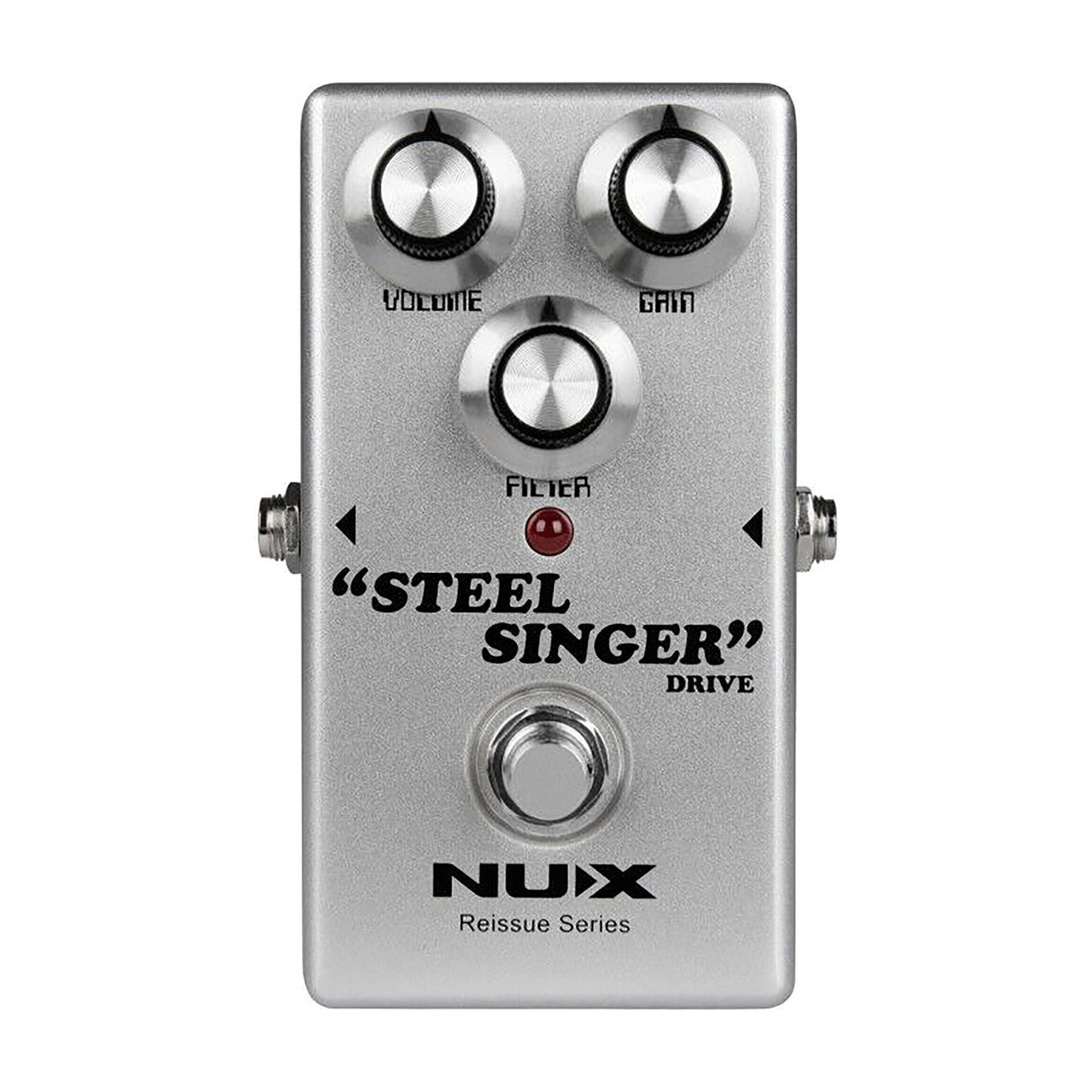NU-X DIAB Steel Singer Analog Drive guitar pedal in silver casing with Volume, Gain and Filter knobs, red indicator and footswitch, on a white background.