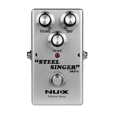NU-X DIAB Steel Singer Analog Drive guitar pedal in silver casing with Volume, Gain and Filter knobs, red indicator and footswitch, on a white background.