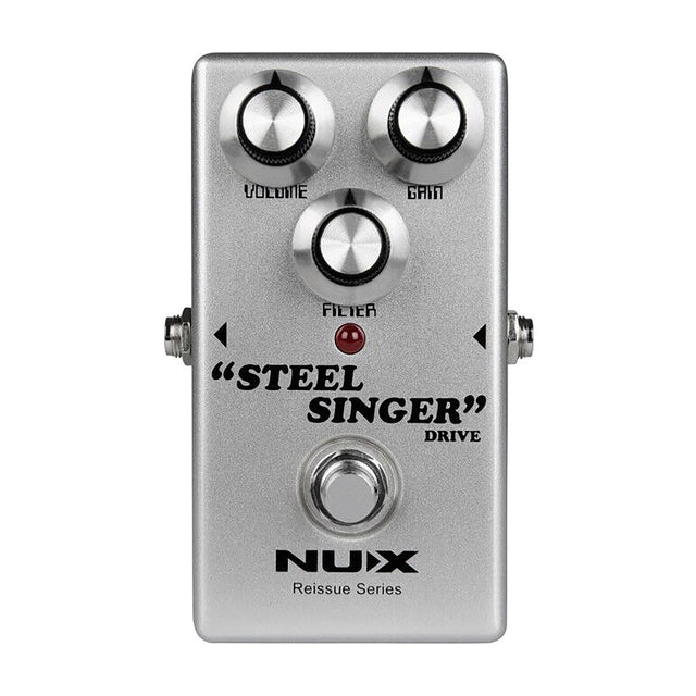 NU-X DIAB Steel Singer Analog Drive guitar pedal in silver casing with Volume, Gain and Filter knobs, red indicator and footswitch, on a white background.