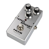 NU-X DIAB Steel Singer analog drive guitar pedal in silver casing with Volume, Gain and Filter knobs, footswitch and side jacks on a white background.