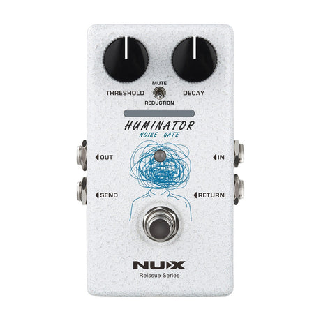 NU-X NRN-1 Huminator analogue noise gate pedal in white speckled finish with Threshold and Decay knobs, Mute/Reduction switch, and footswitch.