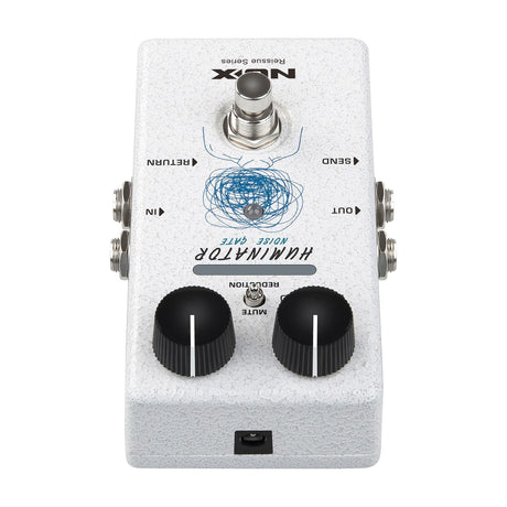 NU-X NRN-1 Huminator analogue noise gate guitar pedal in white hammered finish, with two black knobs, Reduction/Mute switch, footswitch and side jacks.