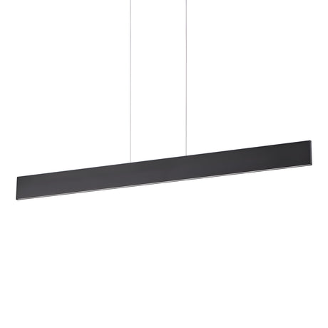 The Evoke LED Suspension Light - Black hangs elegantly from the ceiling by two thin cables, showcasing a minimalist design and contemporary lighting style against a white background.