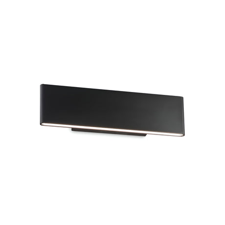 The Evoke 2 Light LED Wall Light 12.5W 3000K in black features a modern rectangular design that is mounted on a white background, providing an energy-efficient silhouette. It emits a gentle glow from the bottom edge, enhancing its minimalist charm.