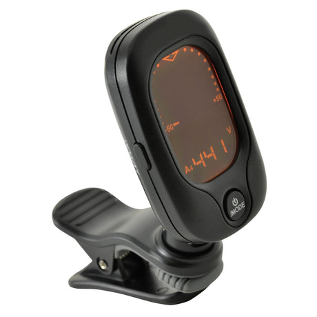 The Chord CCT-1 Chromatic Guitar Tuner in black is displayed with a multi-angle mounting clamp. Its LCD screen is lit in orange, offering accurate chromatic tuning information, and the mode and power buttons are clearly visible on the front.