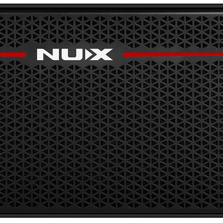 Close-up of the NU-X Mighty Space wireless modelling amp's black perforated speaker grille with red accent stripe and white logo detailing.