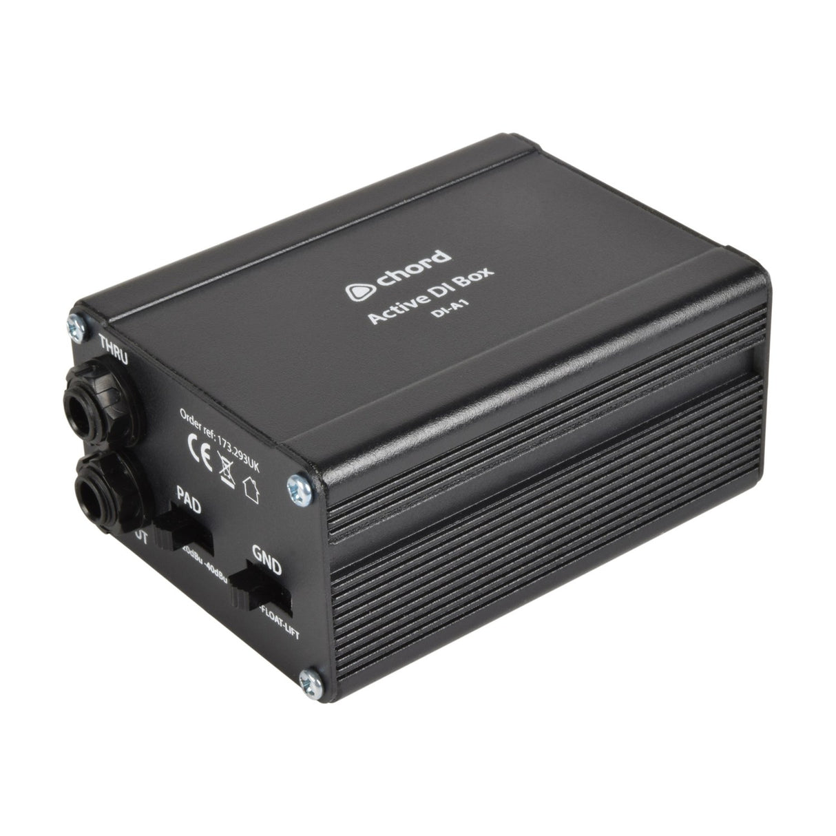 Chord DI-A1 Active Direct Injection Box in a compact black metal casing with THRU jack, PAD and GND switches, shown on a white background.