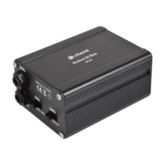 Chord DI-A1 Active Direct Injection Box in a compact black metal casing with THRU jack, PAD and GND switches, shown on a white background.
