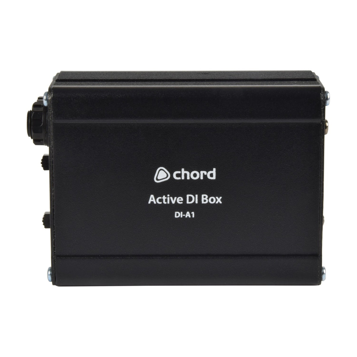 Chord DI-A1 Active Direct Injection Box side view showing matte black metal casing with jack socket and switch on a plain white background.