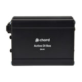 Chord DI-A1 Active Direct Injection Box side view showing matte black metal casing with jack socket and switch on a plain white background.