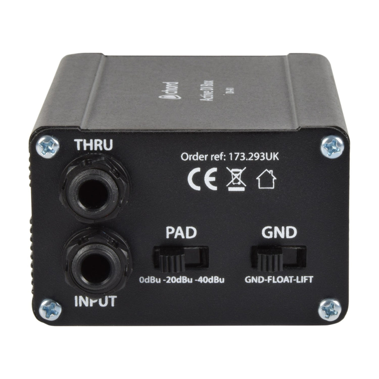 Chord DI-A1 active DI box end panel with 6.35mm THRU and INPUT jacks, PAD switch (0/-20/-40dBu) and Ground-Float-Lift selector on white.