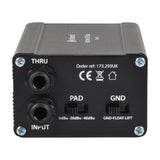 Chord DI-A1 active DI box end panel with 6.35mm THRU and INPUT jacks, PAD switch (0/-20/-40dBu) and Ground-Float-Lift selector on white.