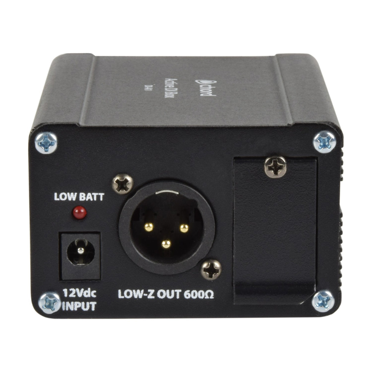Chord DI-A1 Active Direct Injection Box in a black metal casing, showing the XLR male output, 12Vdc input and low battery LED on a white background.