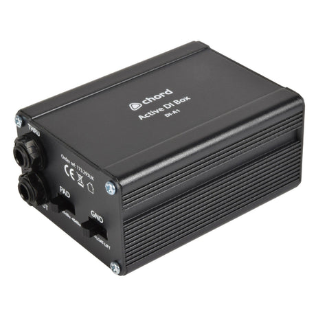 Displayed is the Chord Active Direct Injection Box, featuring a black design and model DI-A1. This compact rectangular device includes input and output ports with PAD and GND labels for signal ground isolation, designed to facilitate audio connections and function as an impedance converter.