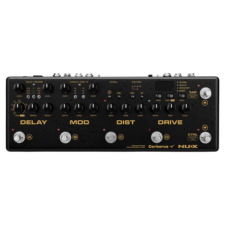 The NU-X Cerberus Guitar Effect Pedal is a black multi-effects pedal equipped with labeled knobs and switches for delay, modulation, distortion, and drive settings. It features an analog preamp and displays the brand names Cerberus and NUX in gold and white text.