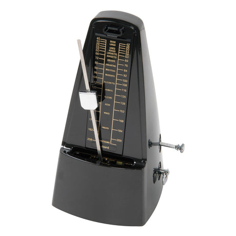 The Mechanical Metronome - Black is a traditional beat demonstration tool featuring an adjustable pendulum weight and swinging arm, marked with various tempo notations, to help musicians maintain a consistent rhythm.