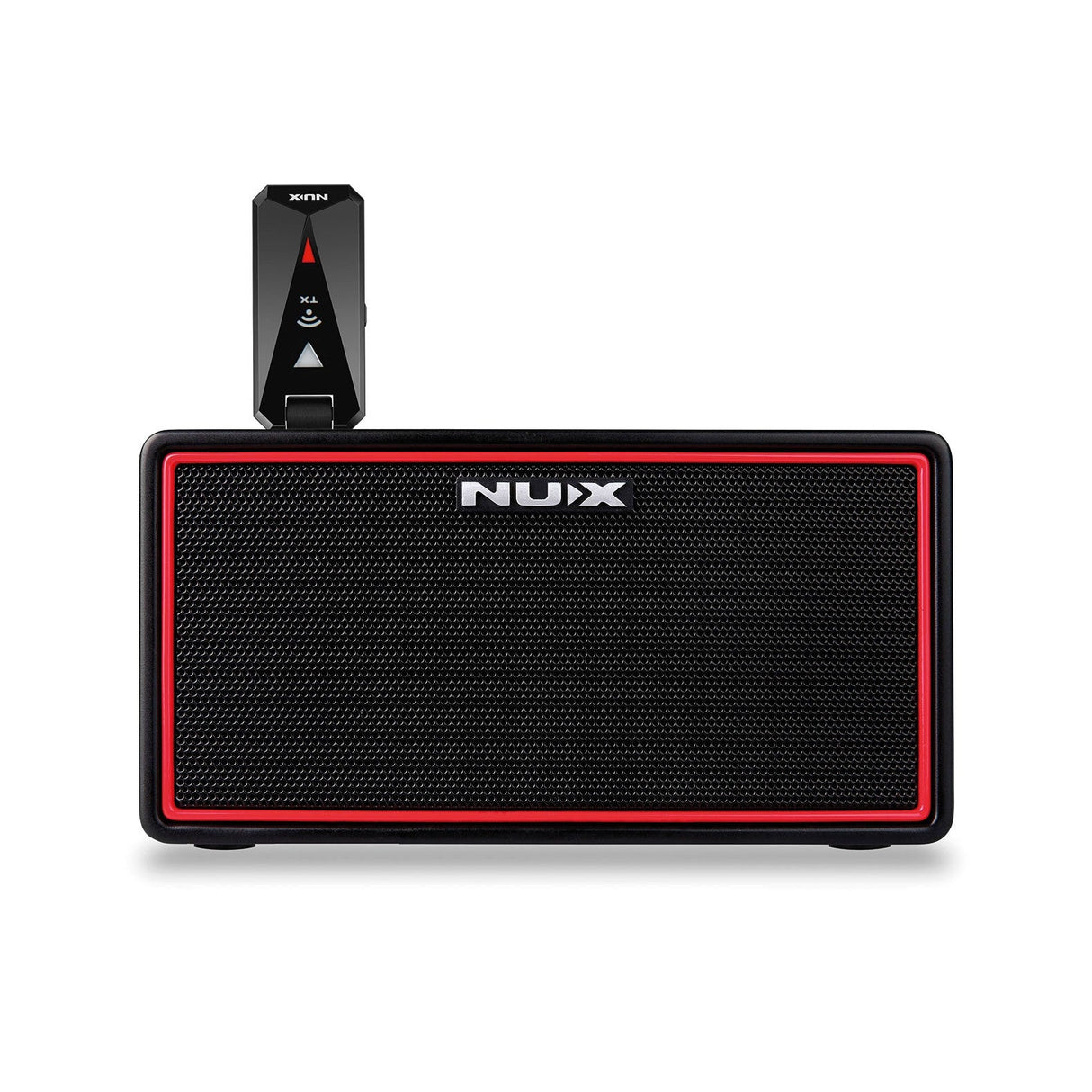 The NU-X Mighty Air Guitar/Bass Amp With Wireless Bug is a sleek, rectangular wireless speaker featuring a small black receiver with control buttons on top. It offers Bluetooth connectivity, a mesh front, and comes equipped with a rechargeable battery for ultimate portability.