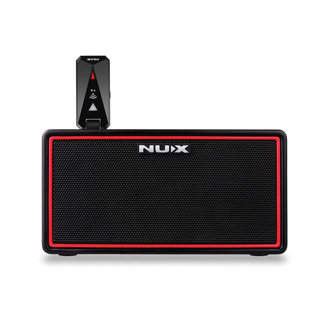 The NU-X Mighty Air Guitar/Bass Amp With Wireless Bug is a sleek, rectangular wireless speaker featuring a small black receiver with control buttons on top. It offers Bluetooth connectivity, a mesh front, and comes equipped with a rechargeable battery for ultimate portability.