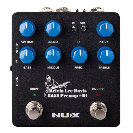The NU-X MLD Bass Preamp + DI Pedal is a black bass preamp pedal that includes an integrated 3-band EQ and DI. It features blue knobs for controlling volume, blend, bass, middle, treble, and drive settings. The pedal is adorned with an illustration of a musician playing bass and the label "Melvin Lee Davis BASS Preamp + DI." The input and output jacks are conveniently located at the top.