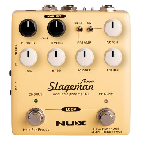 The image features the NU-X Stageman Floor Acoustic Preamp DI Pedal in yellow, designed with an analog acoustic preamp. It includes knobs for chorus, reverb, gain, bass, middle, and treble adjustments. Additionally, footswitches for Chorus and Loop emphasize its looper function capabilities.