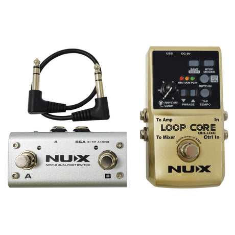 Image of two NUX guitar effects pedals. On the left, a silver dual footswitch features buttons labeled A and B. On the right, the NU-X Loop Core Deluxe 24-Bit Looper Pedal displays loop phrases with adjustable settings for high-resolution audio. An angled patch cable completes the setup.