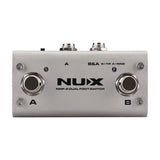 NU-X NMP-2 Dual Foot Controller Switch Pedal in a compact silver metal housing with A and B footswitches, LED indicators and top-mounted jack sockets.