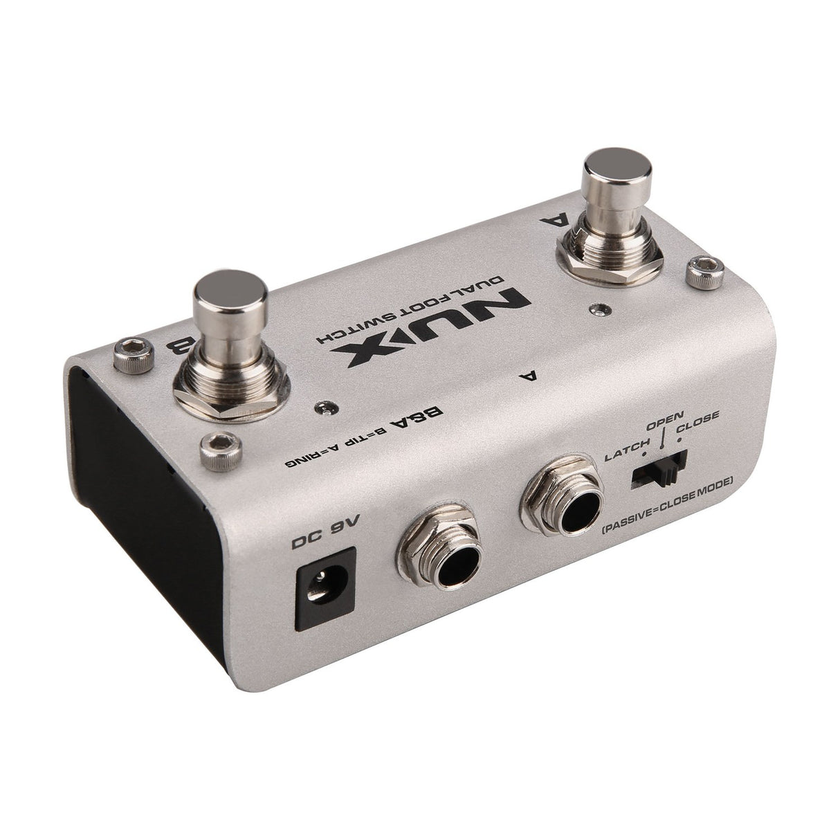 NU-X NMP-2 dual footswitch pedal in silver housing with two switches, LED indicators, dual jack inputs, latch mode toggle and 9V DC socket.
