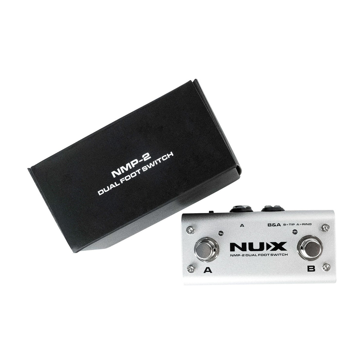 NU-X NMP-2 dual foot controller switch pedal in silver metal housing with A and B footswitches, shown beside its black product box on a white background.