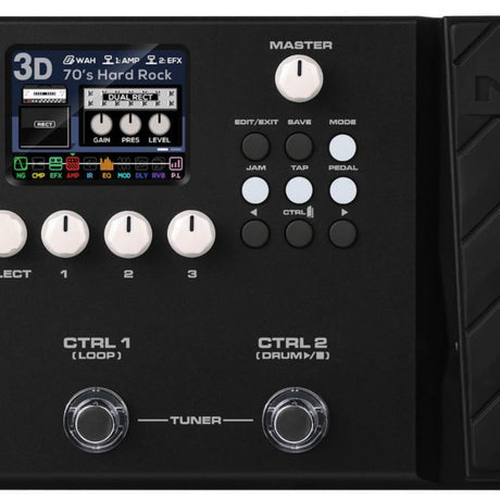 NU-X MG-400 dual-processor multi-FX guitar pedal in matte black with colour display showing 70's Hard Rock preset, white knobs and footswitches.