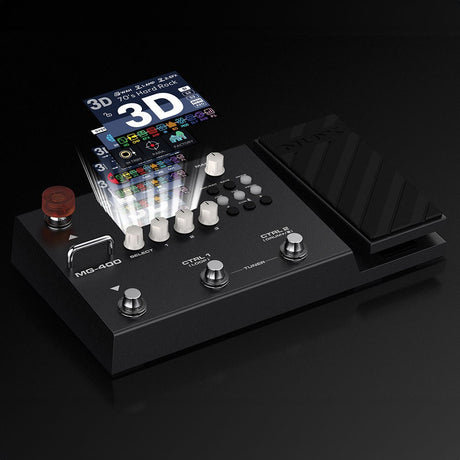 NU-X MG-400 multi-FX guitar pedal from AVSL in matte black with expression treadle, colour display, control knobs and footswitches on a dark background.