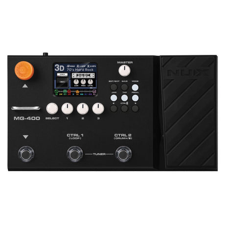 The NU-X MG-400 Multi-Effect Pedal is a black guitar pedal equipped with dual processors and a range of knobs. It has a small color display showing 70s Hard Rock, and is labeled MG-400. This pedal can also be used as an audio interface, includes footswitches CTRL 1 and CTRL 2, offers amp simulation capabilities, and comes with a tuner.